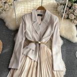 Autumn Elegant White Office Wear For Women Pleated Skirt Belted Notched Stitching Female Long Sleeve Vestido Office Lady