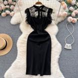 Summer Black Bodycon Midi Dress For Women Sheer Mesh Pacthwork Tie Neck Elegant Party Dresses Flying Sleeve Slim Evening