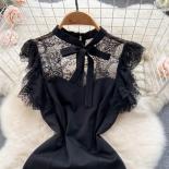 Summer Black Bodycon Midi Dress For Women Sheer Mesh Pacthwork Tie Neck Elegant Party Dresses Flying Sleeve Slim Evening