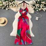 Summer Elegant Maxi Dress For Women Halter Hollow Out Skinny Female Beach Holiday Dresses Split Backless Tie Dye Vestido