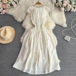Summer Long Boho Dress For Women White Ruffle Shirring Flying Sleeve Midi Female Holiday Dresses Plicated Deep Neckline 