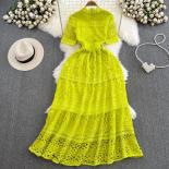 Vintage Long Lace Dress For Women Ruched Openwork Stand Collar Hook Hollow Elegant Layered Female Luxury Boho Vestidos N