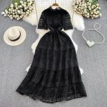 Vintage Long Lace Dress For Women Ruched Openwork Stand Collar Hook Hollow Elegant Layered Female Luxury Boho Vestidos N