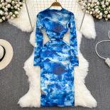 Summer Elegant Bodycon Long Dress For Women Tie Dye Fit Lace Up Notched Female Robe Thin Bohemian Sheath Beach Vacation 