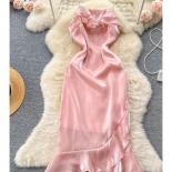 Summer Pink Ruffle Midi Dress For Women Elegant Slim Spaghetti Strap Bodycon Mermaid Female Formal Vestidos Irregular Ne