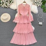 Summer Long Luxury Dress For Women Pink Lace Stitching Tierred Midi Party Evening Dresses Sheer Pleated Folds Bohemian N