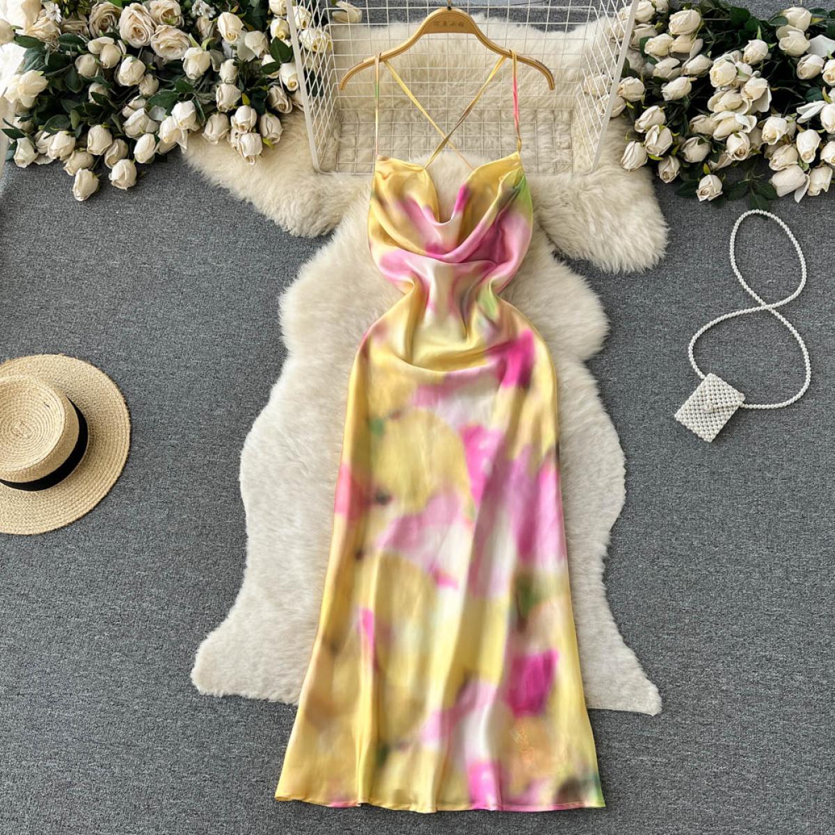 Summer Sheath Dress For Women Tie Dye Silk Long Vestidos Cross Spaghetti Strap Swinging Collar  Backless Beach Vacation 