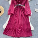 Spring Autumn Long Dress For Women Ruffles Patchwork Long Sleeve Maxi Veatidos With Belt Pleated Flods Female Skrit Vint