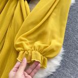 Spring Autumn Long Dress For Women Ruffles Patchwork Long Sleeve Maxi Veatidos With Belt Pleated Flods Female Skrit Vint