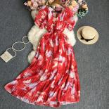 Spring Elegant Maxi Dresses For Women Die Tye Cascading Ruffled V Neck Pleated Folds High Waist Big Swing Boho Vestidos 
