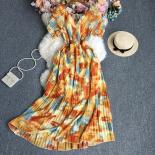 Spring Elegant Maxi Dresses For Women Die Tye Cascading Ruffled V Neck Pleated Folds High Waist Big Swing Boho Vestidos 