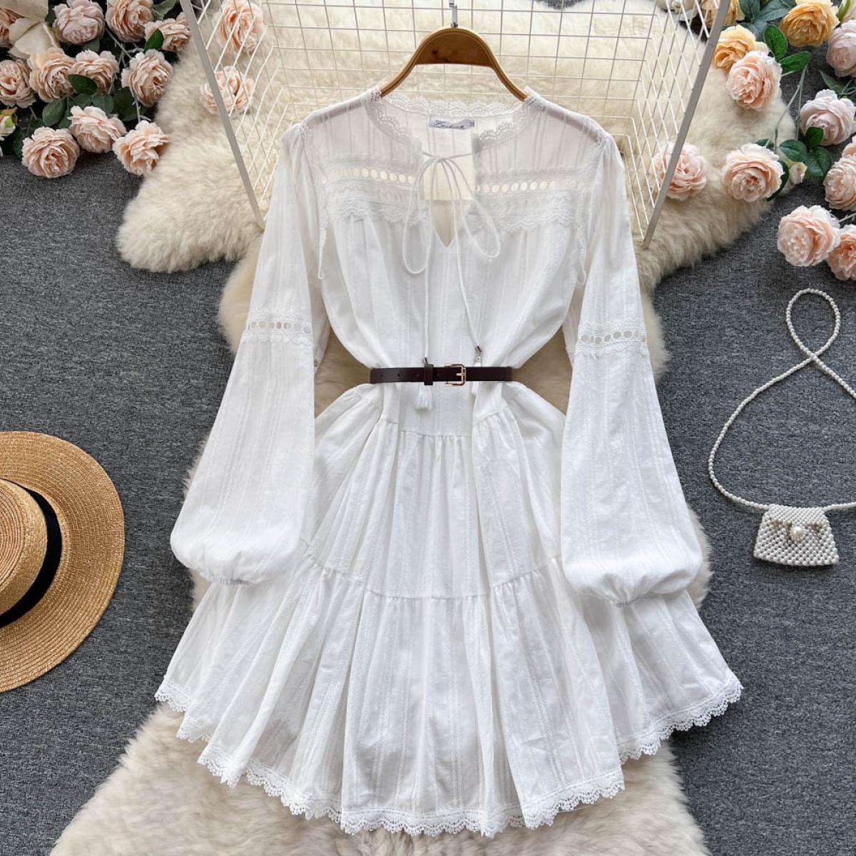 Summer White Midi Boho Dress Women Elegant Long Sleeve Lace Patchwork Hollow Out Female Belt Dresses Tie Neck Beach Vaca
