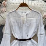 Summer White Midi Boho Dress Women Elegant Long Sleeve Lace Patchwork Hollow Out Female Belt Dresses Tie Neck Beach Vaca