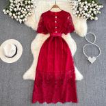 Summer Chic And Elegant Long Dress For Women Red/navy/yellow Hook Flower Hollow Button Round Neck Vintage Vestidos Party