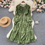 Summer Elegant Midi Dress For Women Hook Flower Hollow Pacthed Shirring Waist Female Vintage Tarf Party Evening See Thro