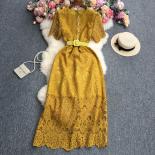 Summer  Maxi Dress For Women Hook Flowers Hollow Round Neck See Through Fmeale Rong Robe Luxury Button Elegant 2023 New 