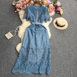 Summer  Maxi Dress For Women Hook Flowers Hollow Round Neck See Through Fmeale Rong Robe Luxury Button Elegant 2023 New 