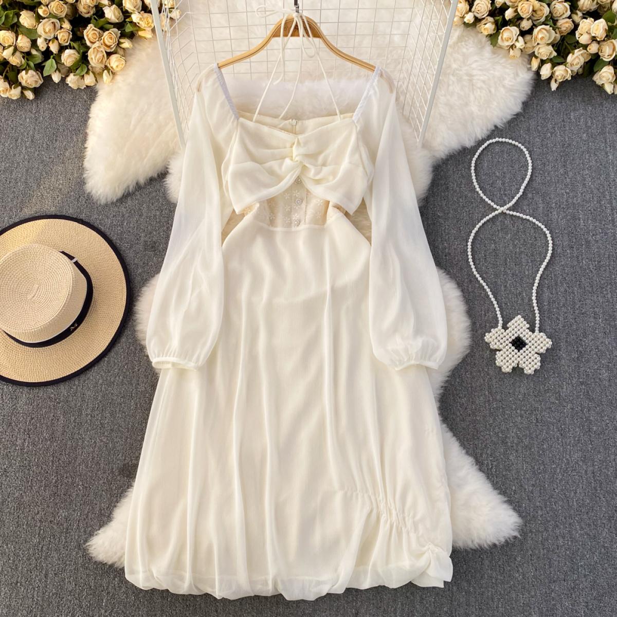 Summer Elegant White Dress For Women Hang Neck Square Collar Midi Boho Dresses Thon Chiffon Beach Vestidos Chic Vacation