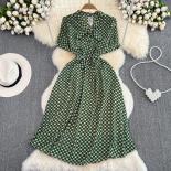Summer Elegant Midi Dress For Women Wave Dot Tie Neck Long Female Vestidos Green Office Lady Chic Vintage Half Sleeve Ne