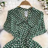 Summer Elegant Midi Dress For Women Wave Dot Tie Neck Long Female Vestidos Green Office Lady Chic Vintage Half Sleeve Ne
