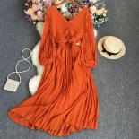 Autumn Elegant Maxi Dresses For Women Pleated Folds Long Sleeve V Neck Female Vestidos Vintage Draped Loose Long Robe Va