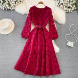 Elegant Long Dress For Women Pink/red/yellow Round Neck Hook Flower Hollow Luxury Chic Female Vestidos Party See Through