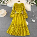 Elegant Long Dress For Women Pink/red/yellow Round Neck Hook Flower Hollow Luxury Chic Female Vestidos Party See Through