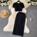 Summer Skirt Sets For Women Twist Ring Short Tops + Bodycon Midi Dress Split Midriff Casual Female Suits  Beach Vacation
