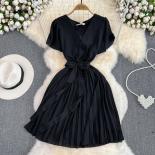 Summer Elegant Short Dress For Women Chiffon Flying Sleeve Bow Pleated Vestidos Casual Notched Thin Mini Dresses 2023 Ne