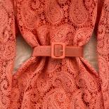 Summer Vintage Belt Dress For Women Pink/red/yellow Hook Flower Hollow Long Sleeve See Through Female Festive Tarf Luxur