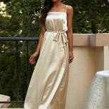 Missord Solid Belted Satin Formal Dress Summer Women Long Floor Length Party Straps Sleeveless Evening Prom Dress Champa