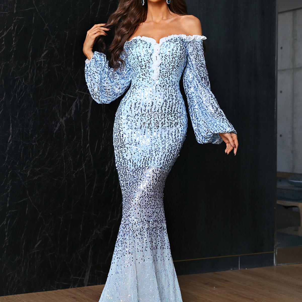 Missord Evening Long Sleev Fashion Dresses Backless Women Sequin Wedding Party Maxi Off Shoulder Prom Bodycon  Blue Dres
