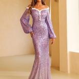 Missord Evening Long Sleev Fashion Dresses Backless Women Sequin Wedding Party Maxi Off Shoulder Prom Bodycon  Blue Dres