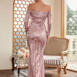 Missord Elegant Pink Long Sleeve Wedding Dress Women Slash Neck Sequins Bodycon Evening Party Prom Formal Dresses Ladies