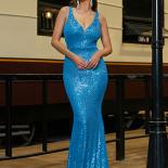 Missord Elegant Blue Sequins Evening Dresses Women V Neck Sleeveless Bodycon Party Prom Formal Dress Female Backless Lon