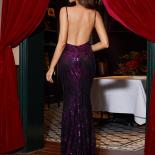 Missord Purple Sequins Evening Dresses Elegant Women Spaghetti Strap V Neck Bodycon Maxi Party Prom Dress Backless Long 