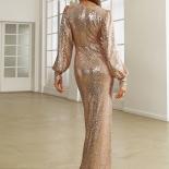 Missord Shining Gold Sequin Vneck Long Sleeve Evening Gown Shirring Split Women's Party Maxi Dress Ballroom Formal Dress