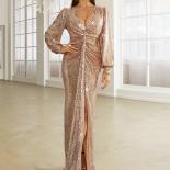 Missord Shining Gold Sequin Vneck Long Sleeve Evening Gown Shirring Split Women's Party Maxi Dress Ballroom Formal Dress