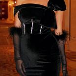 Missord Elegant Bodycon Black Velvet Mermaid Dress With Mesh Gloves Off Shoulder Bow Women Fashion Cocktail Party Maxi D