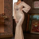 Missord Elegant Flare Long Sleeves Women Evening Dress  Backless V Neck Sequin Bodycon Party Prom Maxi Dresses Ladies Go