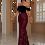 Missord Off Shoulder Split Thigh Belted Velvet Sequins Prom Dress Women Slim Evening Dress Elegant Cocktail Party Maxi D