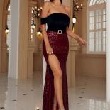 Missord Off Shoulder Split Thigh Belted Velvet Sequins Prom Dress Women Slim Evening Dress Elegant Cocktail Party Maxi D