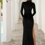 Missord Long Sleeve Split Thigh Bodycon Prom Dress High Neck Maxi  Women Evening Party Black Fashion Autumn Winter Dress