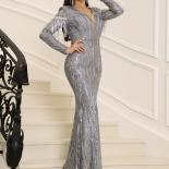 Missord Vneck Long Sleeve Tassels Sequin Grey Maxi Dress Elegant Women Slim Party Long Dress Cocktail Prom Evening Dress