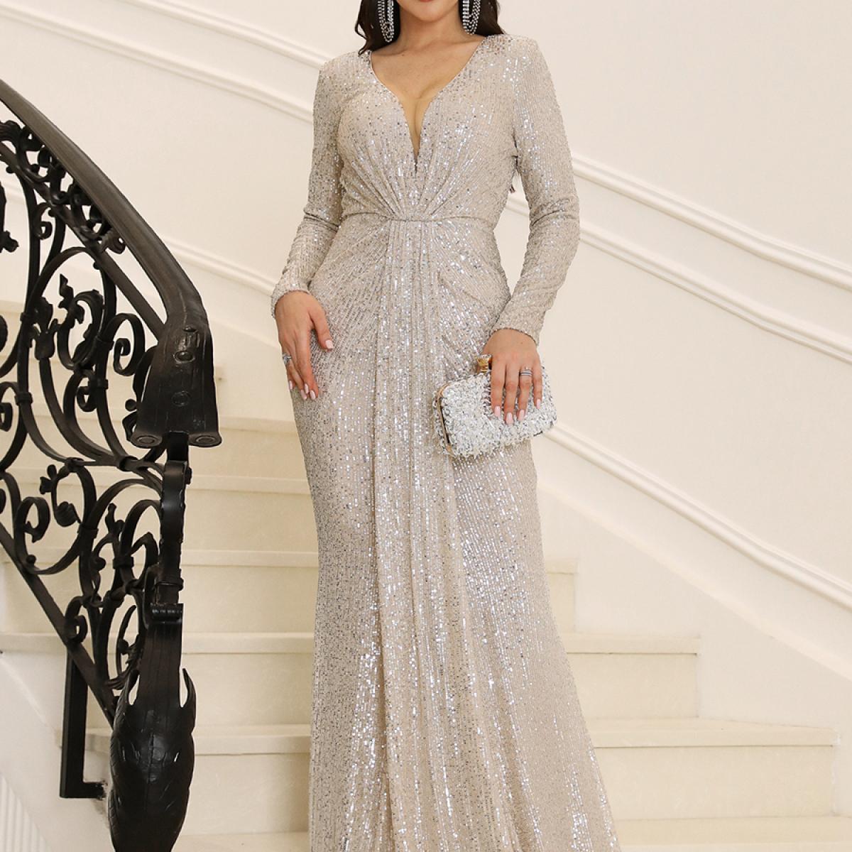 Missord Vneck Long Sleeve Backless Silver Sequins Prom Dress Wedding Party Elegant Women's Formal Dress Shining Evening 