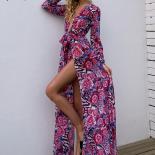 Missord Deep V Neck Floral Belted Beach Casual Chiffon Dress  Women Split Thigh Long Sleeve Prom Party Maxi Dresses Blue