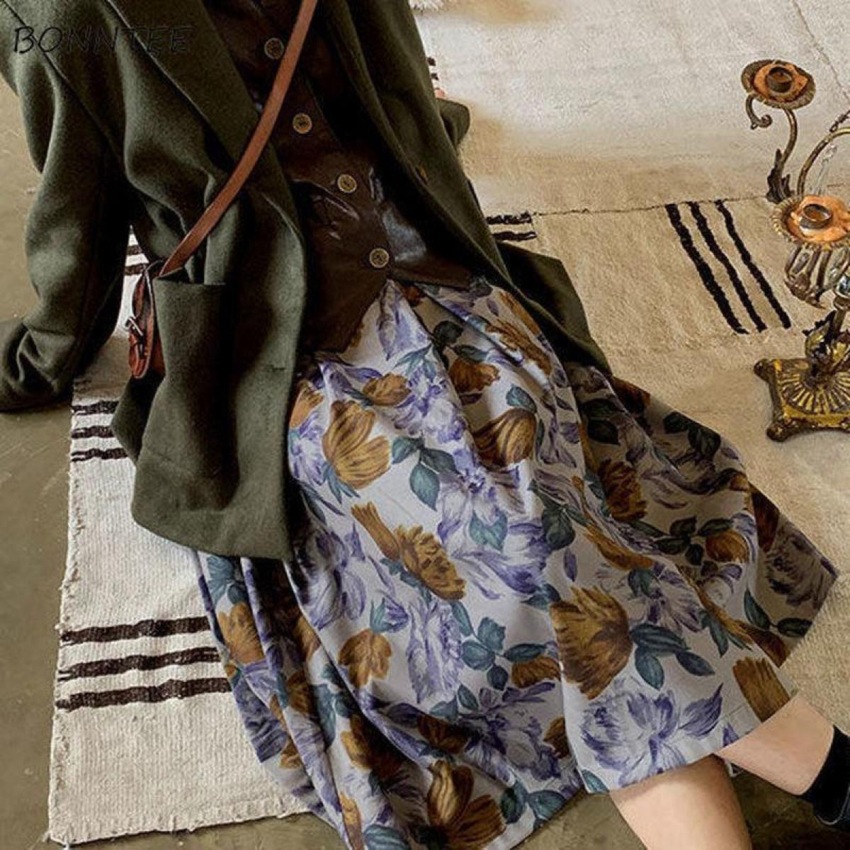 Midcalf Skirts Women Retro Causal Chic Harajuku Ladies Allmatch New Collection Stylish Aline Cozy Floral Female Street S