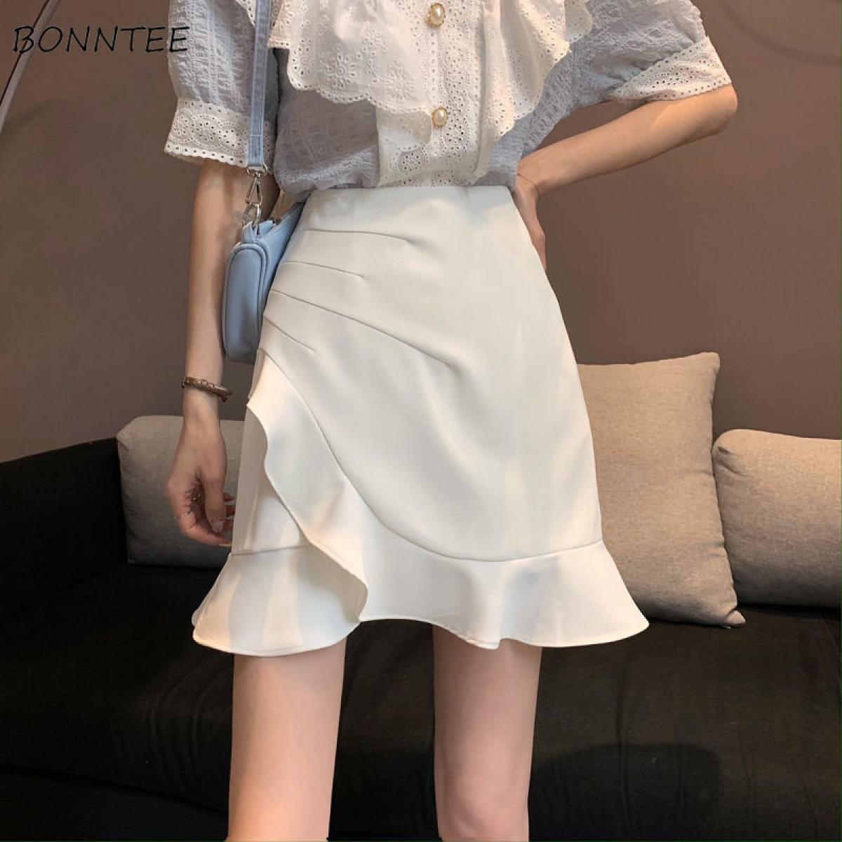 Mini Trumpet Skirts For Women Solid Ruffles Summer Design Tender All Match  Style Fashion Daily Юбка Женская 