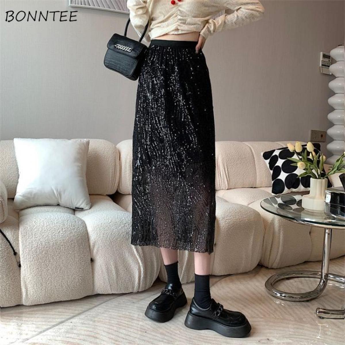 Skirts Women Ladylike Sequined Graceful Female Slit Streetwear Charming New Summer Empire  Style Temperament Popular Ins