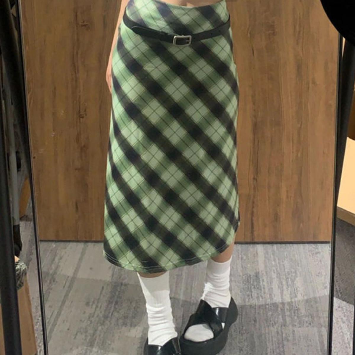 Green Plaid Skirts Women Vintage Midi Preppy Style Hotsweet Chic  Fashion All Match Summer Temperament College Harajuku
